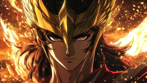 Flaming winged warrior portrait in high-impact anime style.