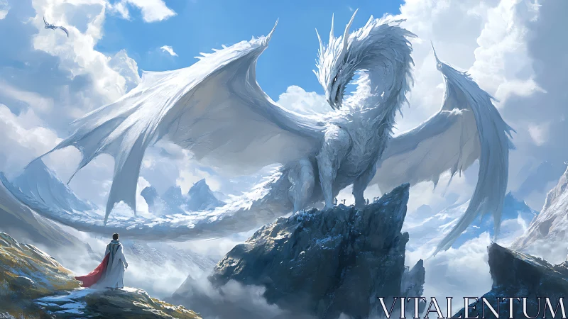White dragon on mountain peak with cloaked figure below.