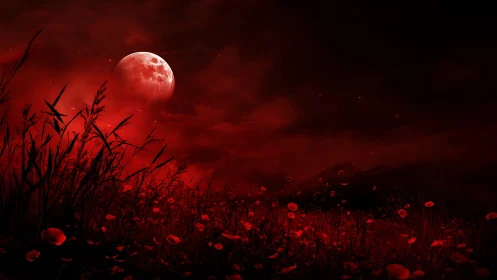 Bloodlit moon rising over a scarlet field of restless poppies.