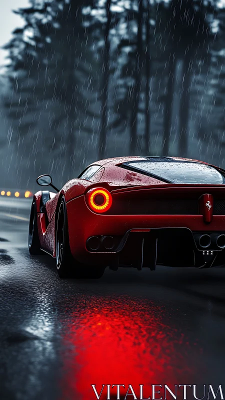 Red supercar slices wet forest highway under heavy rain.