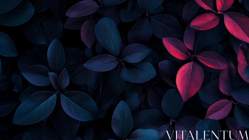 Moody foliage contrasts with neon red leaves in darkness