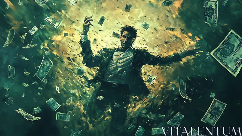 Storm of money and a man caught in the glowing whirlwind.