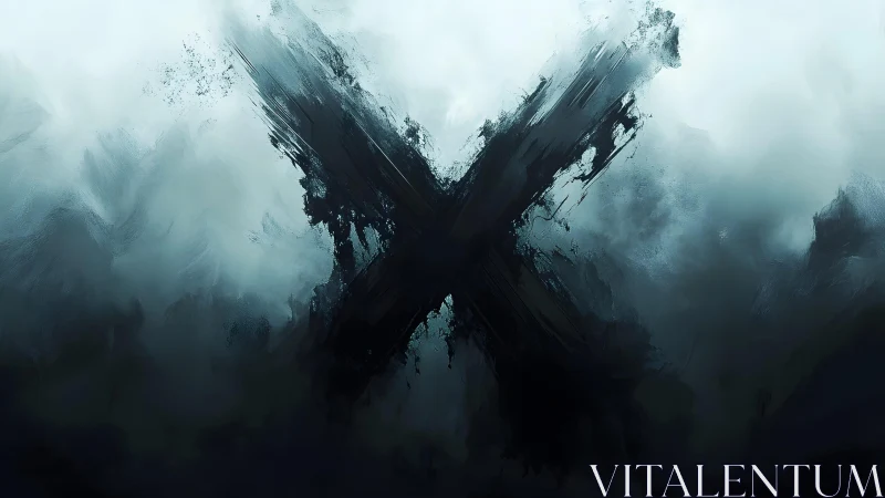 Abstract Black X on Cloudy Background, Modern Minimalist Art.