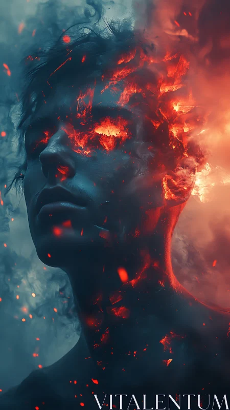 Smoldering portrait unites calm human form and fierce fire