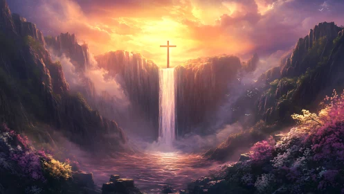 Cross stands over vertical waterfall between illuminated cliffs