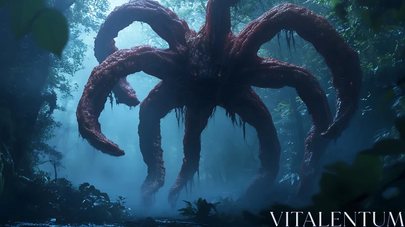 Grotesque multi-limbed forest monster looming in misty jungle.