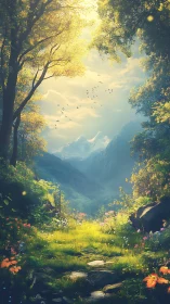 Sunlit forest glade reveals distant alpine peaks in depth