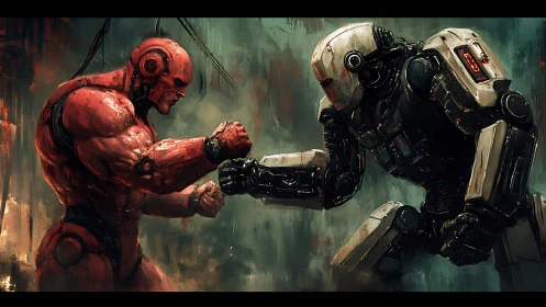 Powerful duel between red cyborg warrior and steel robot.