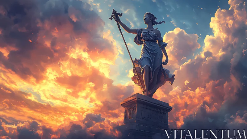 Goddess statue strides above fiery sunset clouds in glory.