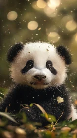 Gentle baby panda gazes softly amid warm forest light