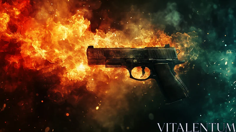 Handgun rendered with dynamic fire explosion and teal atmospheric effects