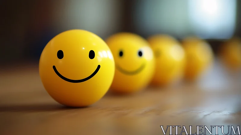 Smiling yellow spheres in shallow depth of field arrangement.