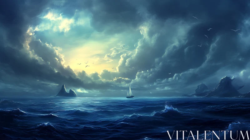 Solitary sailboat under stormlit teal and golden sky.