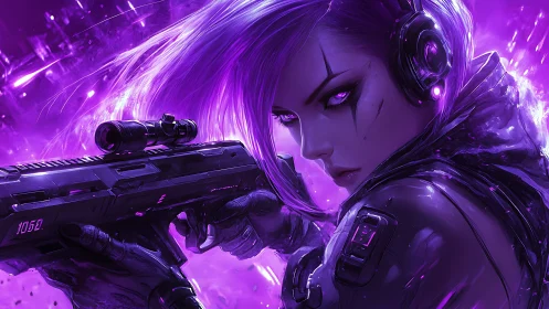 Cybernetic sniper operative in neon violet particle storm.