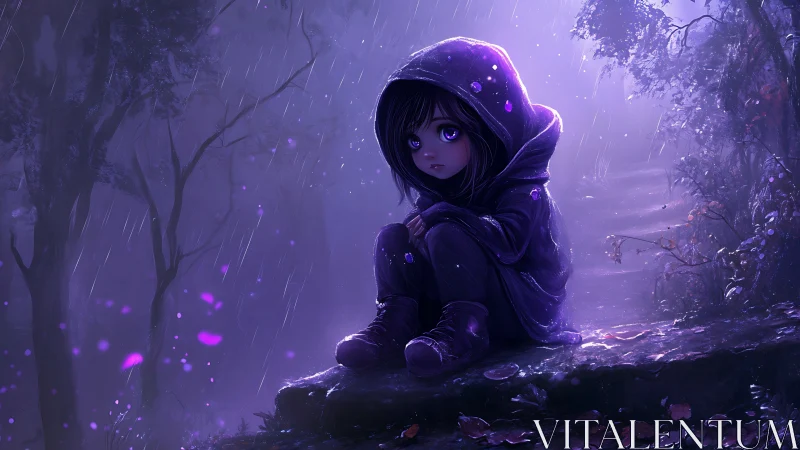 Melancholic hooded girl in violet rainlit forest scene.