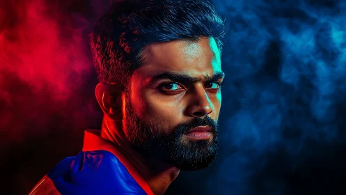 Electric stare framed by bold red and blue stadium haze.