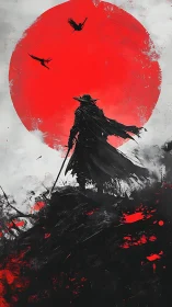 Lone samurai silhouette before massive red sun.