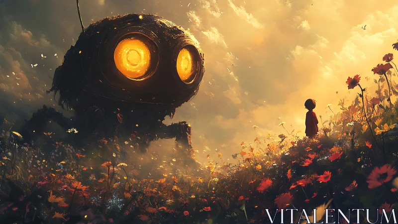 Gigantic amber-eyed meadow robot confronting solitary child