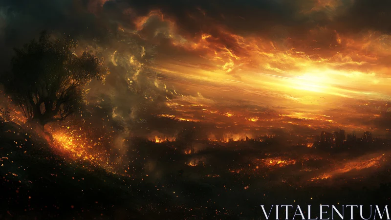 Apocalyptic Inferno. Burning City Under Molten Sky