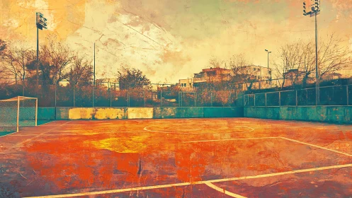 Urban futsal court glows under textured golden haze.