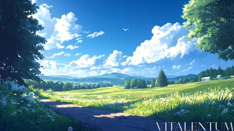 Summer meadow path under radiant blue sky panorama.