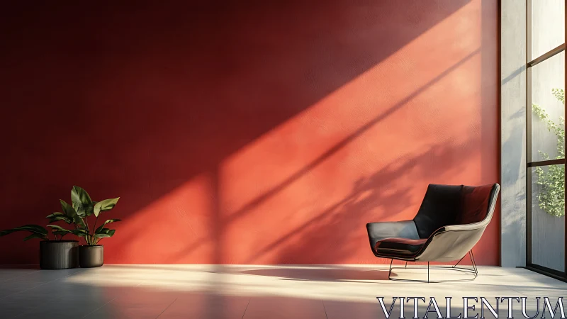 Minimalist lounge with red wall, chair, and window light.
