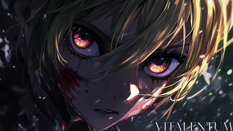 Bloodlit gaze of the stormborn warrior in shadowed rain.