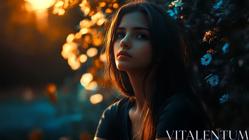 Pensive young woman in dusk garden with warm bokeh glow.