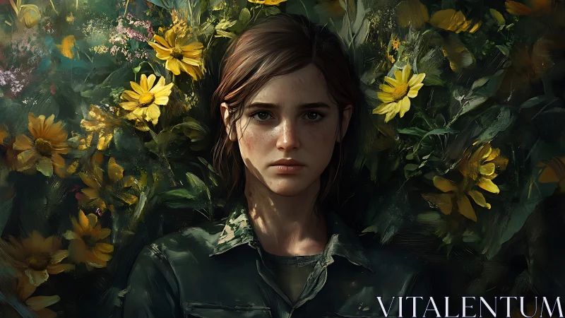 Young woman in floral field rendered as moody digital portrait