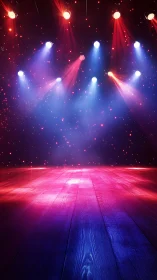 Empty stage with colorful spotlights and glowing floor.