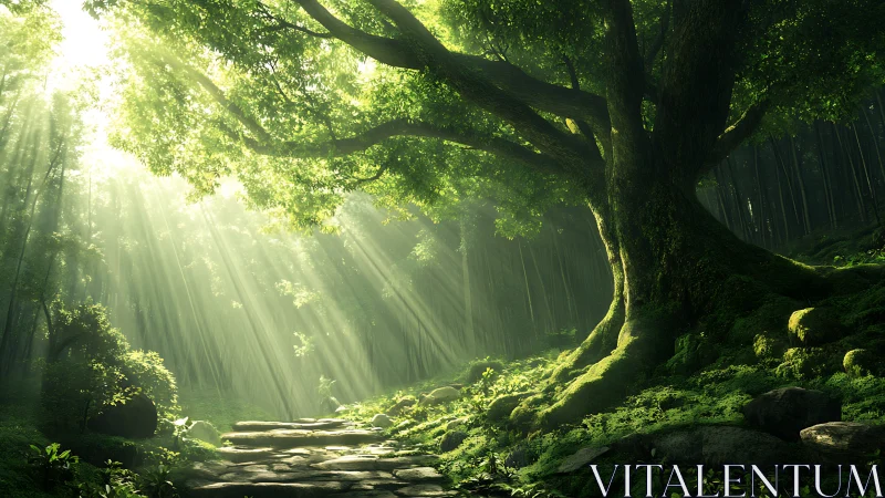Sunlit forest giant pours emerald light across a mossy path