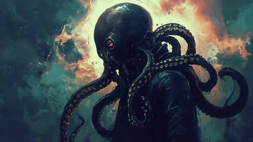 Octopus headed humanoid against stormy burning sky.