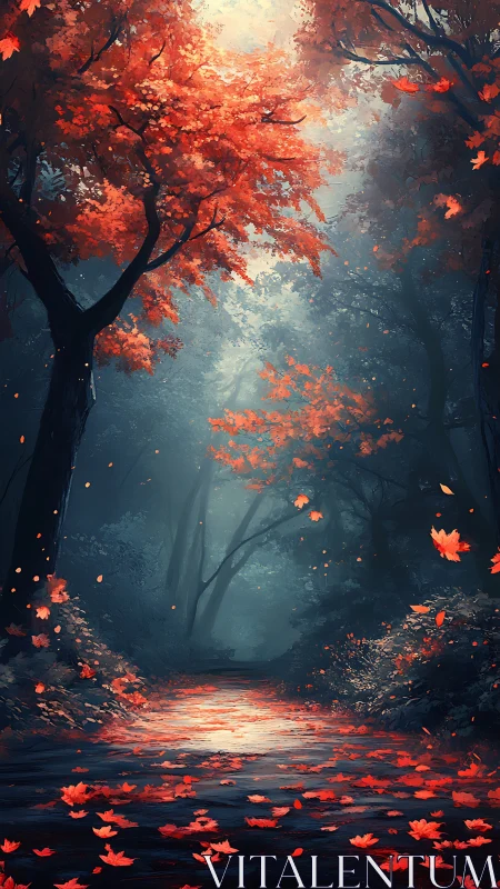 Crimson Whisper Pathway Beneath a Mistlit Autumn Canopy.