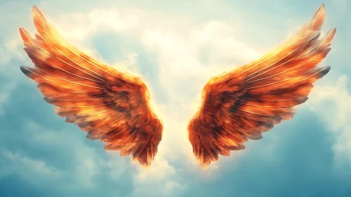 Radiant golden angel wings suspended in luminous sky.