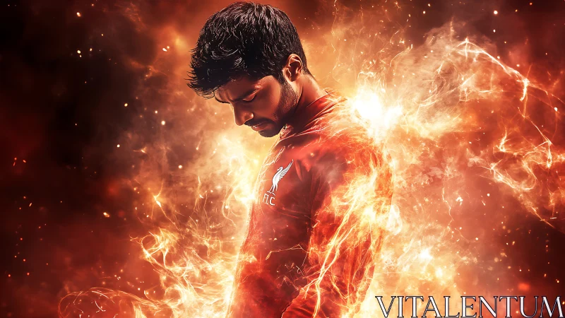 Male football fan in red kit surrounded by fiery energy.