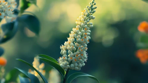 White spike inflorescence with green leaves in soft focus field.