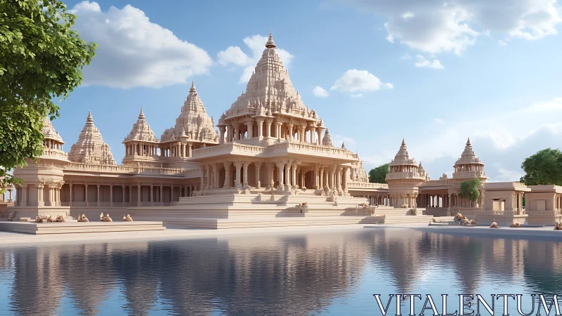 Stone temple complex with reflection beside water basin.