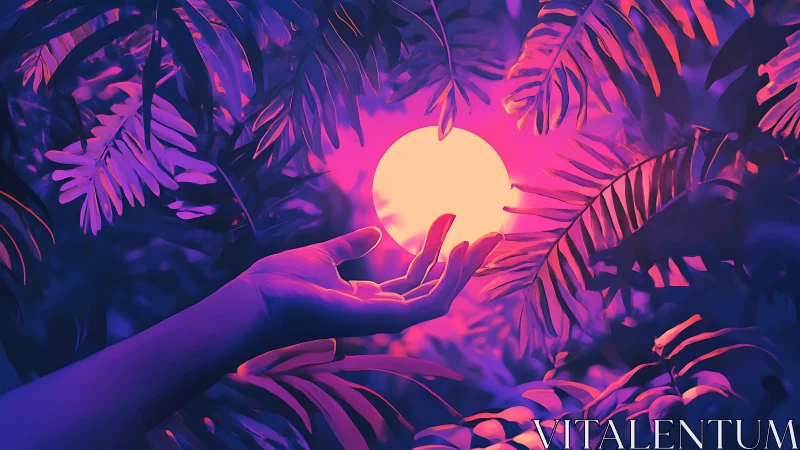 Bioluminescent orb cradled by hand within chromatic foliage.