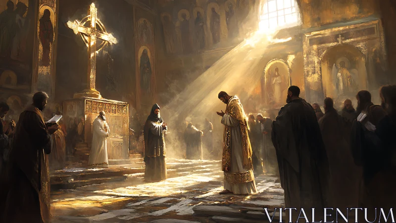 Clergy conducting religious ceremony under cross and light.