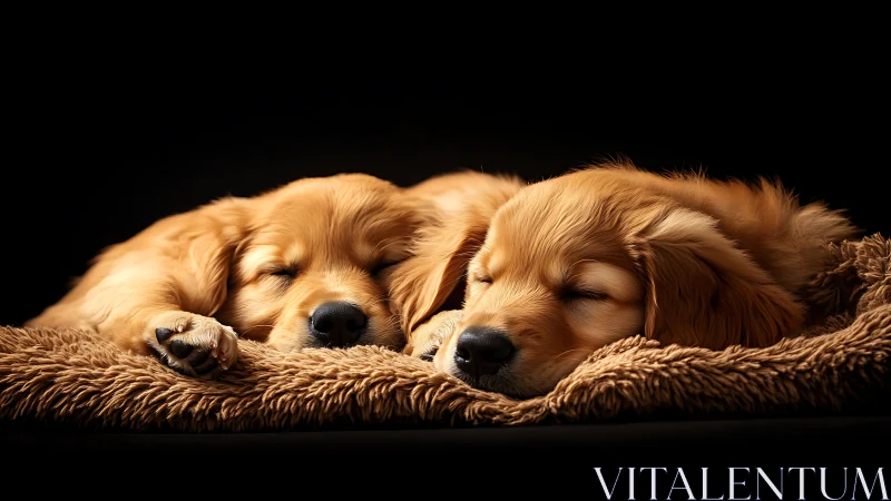 Two sleepy golden puppies share a cozy blanket nap together