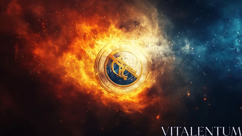 Fiery blue emblem exploding within cosmic nebula field.