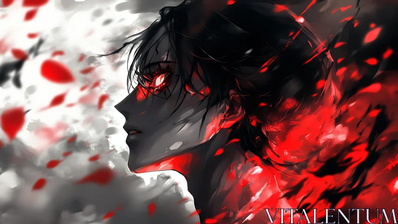 Crimson-eyed anime antihero emerges from swirling embers.