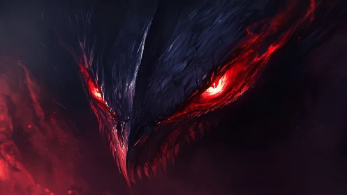Brooding fiery-eyed dragon spirit emerging from dark smoke.