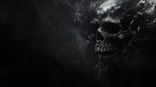 Smoke-twisted skull quietly erupts from the midnight void