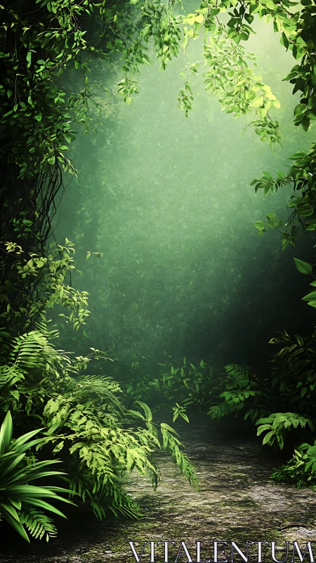 Misty forest stream surrounded by lush hanging foliage.