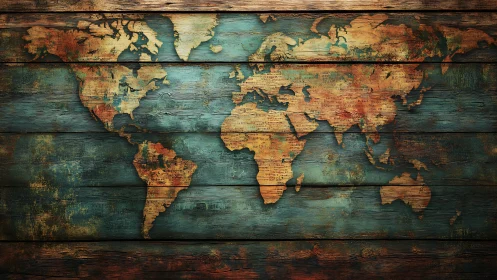 Vintage world map spreads across distressed wooden planks