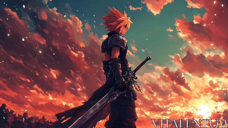 Armored swordsman silhouetted against saturated sunset sky