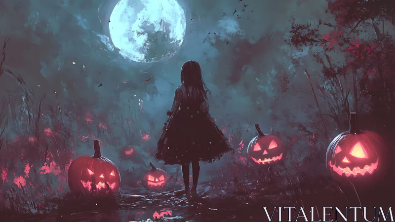 Moonlit girl wanders through laughing jack o’lantern shadows.