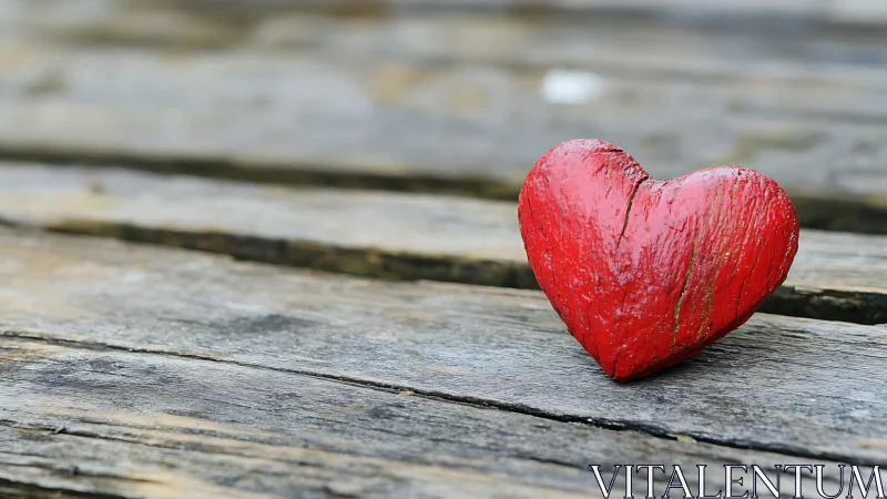 A Weathered Red Heart Rests on Wooden Dock.