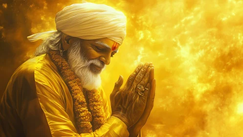 Elderly spiritual man praying in golden glowing light.